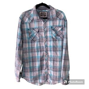 BKE Vintage men’s long sleeve distressed button down teal blue plaid XL